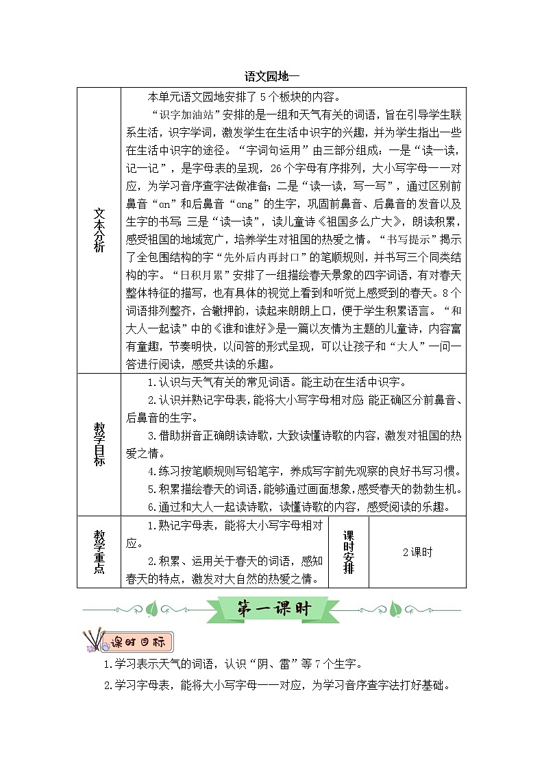 2022年部编版语文1年级下册语文园地一（教案）第1页