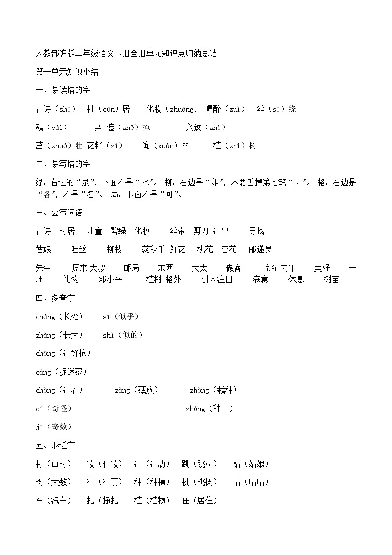 部编二下语文册单元知识点归纳总结练习题01