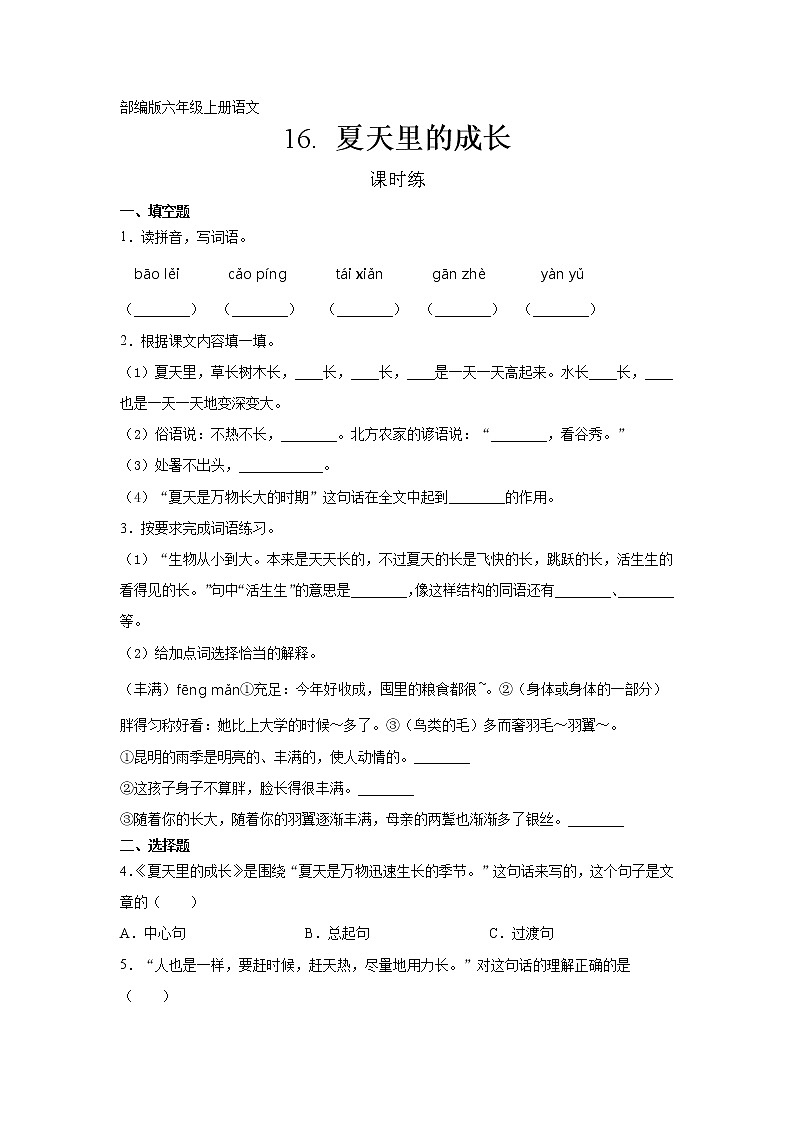 六年级上册语文部编版课时练第16课《夏天里的成长》03（含答案）01