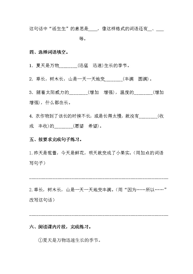 六年级上册语文部编版课时练第16课《夏天里的成长》02（含答案）第2页