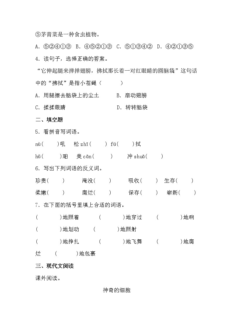 学霸夯基——部编版语文四年级下册同步练习琥珀02
