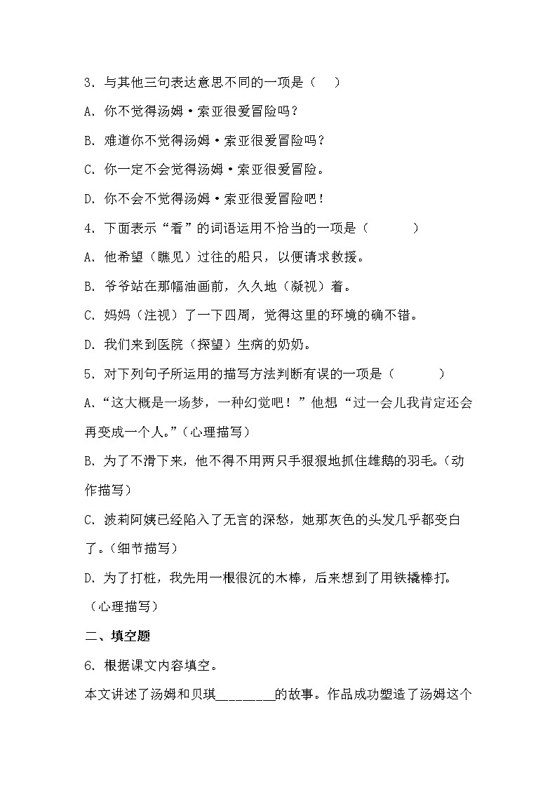 学霸夯基——部编版语文六年级下册同步练习汤姆索亚历险记（节选）02