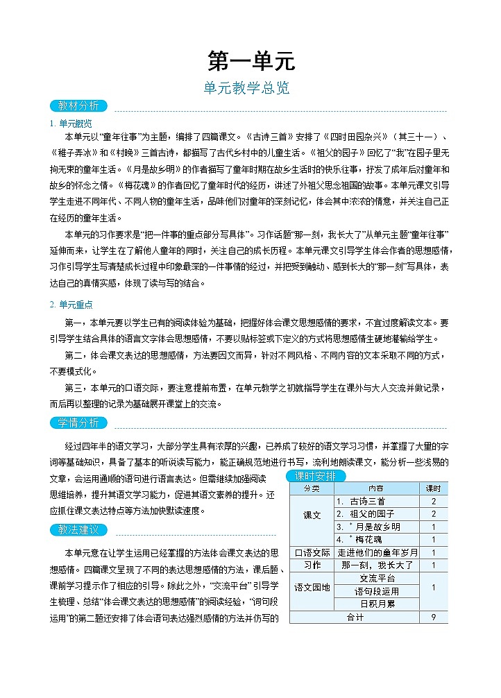 人教版五年级下册语文 第1单元 单元教学总览教案第1页