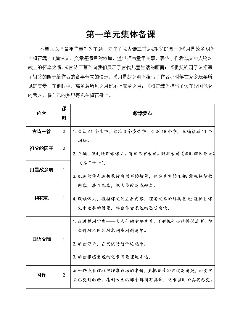 部编版五年级下册语文第一单元集体备课及教案第1页