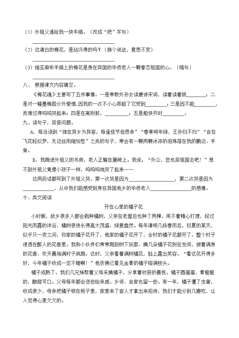 统编版五年级语文下册同步练习4.梅花魂（A卷含答案）第2页