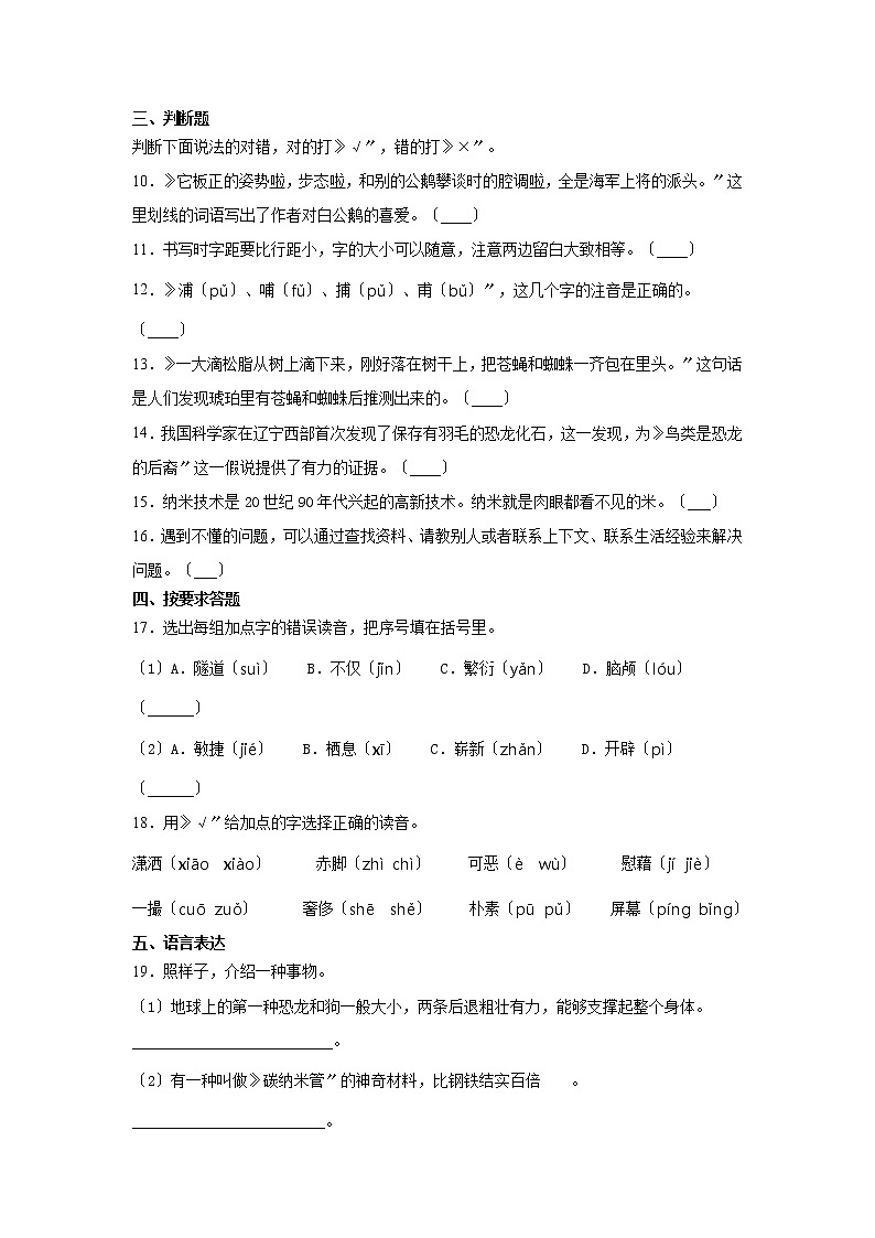 部编版四年级下册语文课后作业第6课《飞向蓝天的恐龙》及答案第3页