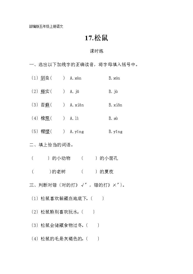 部编版五年级上册语文课时练第17课《松鼠》02及答案第1页