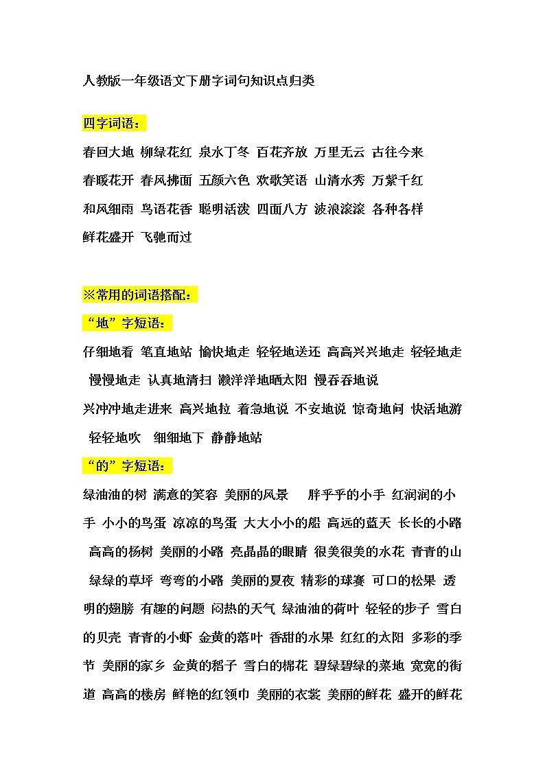 人教一年级语文下册字词句知识点归类学案第1页
