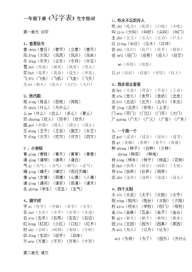 一年级语文下册全册的生字表学案第1页