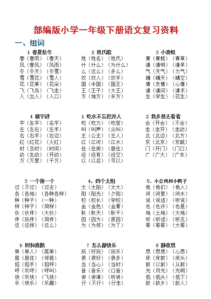 一年级语下册文期末总复习学案第1页