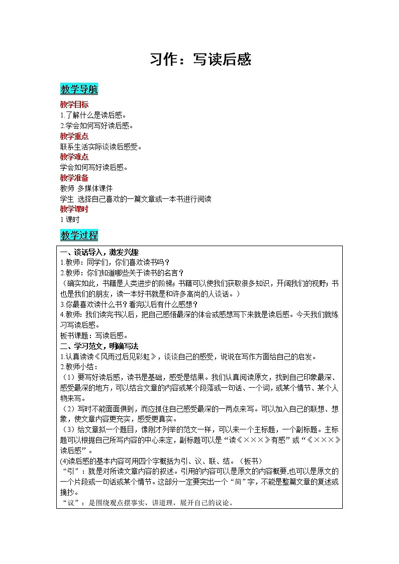 人教版语文五年级下册 第二单元 习作：写读后感教案01