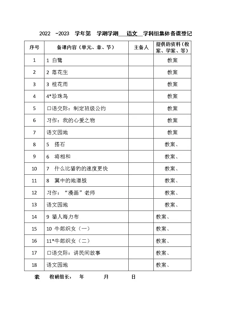 部编版语文五年级上册第一单元集体备课表教案第1页