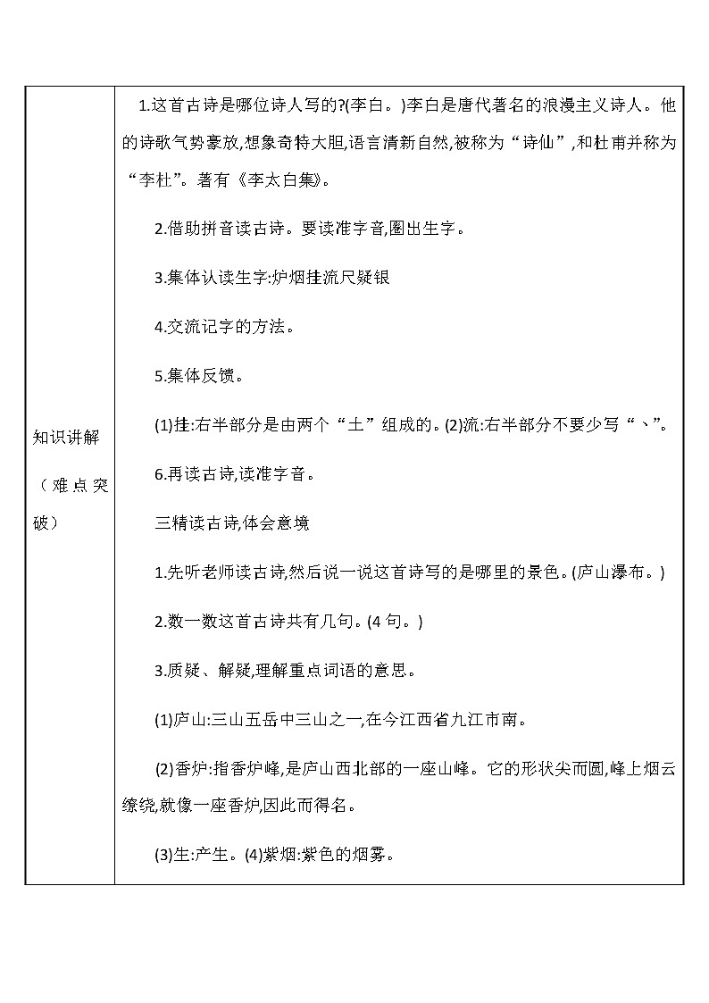 部编版语文二年级上册 8 望庐山瀑布(2)（教案）第2页