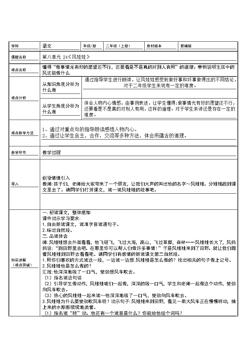 部编版语文二年级上册 24 风娃娃(2)（教案）第1页
