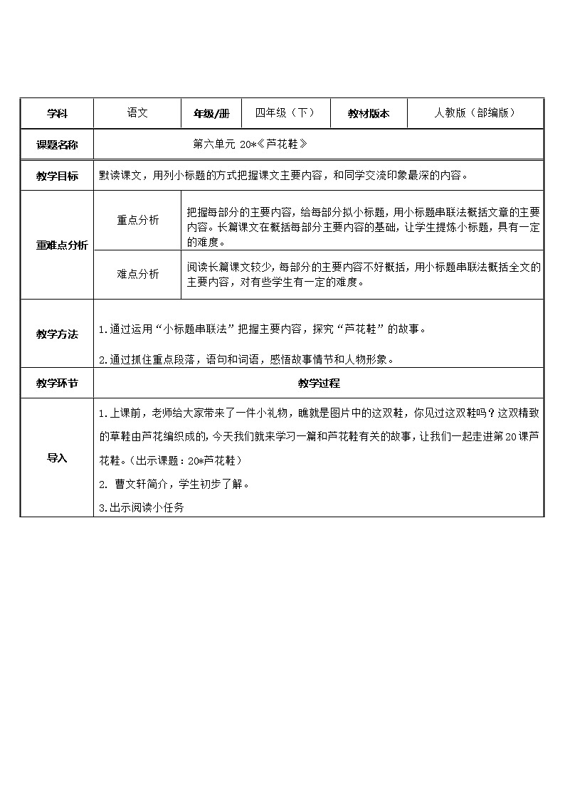 四年级语文下册教案-21芦花鞋-部编版第1页