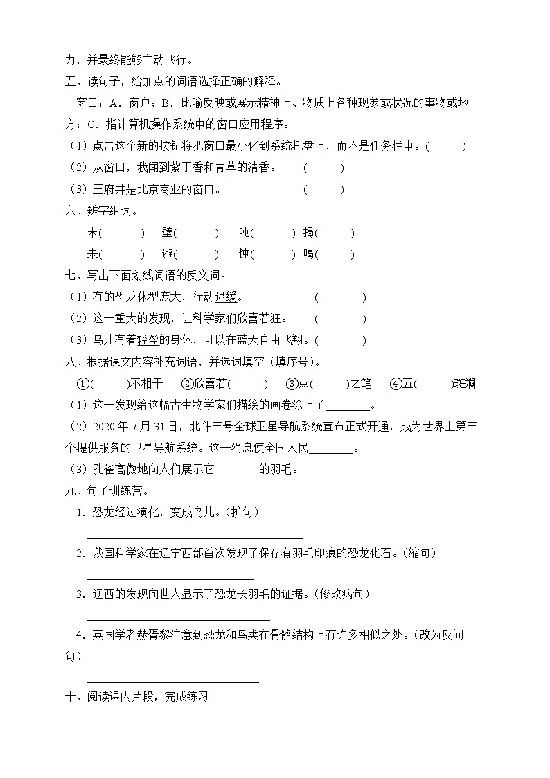 部编版四年级语文下册同步练习6.飞向蓝天的恐龙（提升卷有答案）02