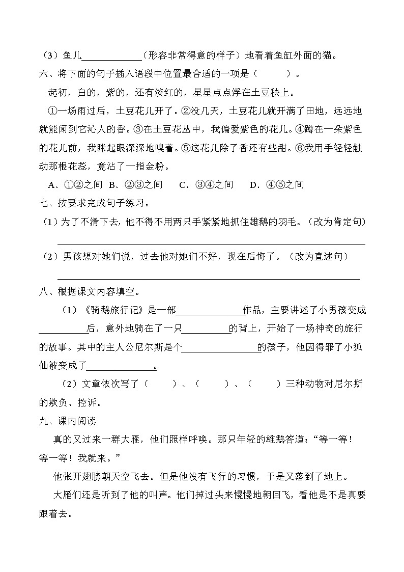 部编版六年级语文下册同步练习6.骑鹅旅行记（提升卷有答案）02