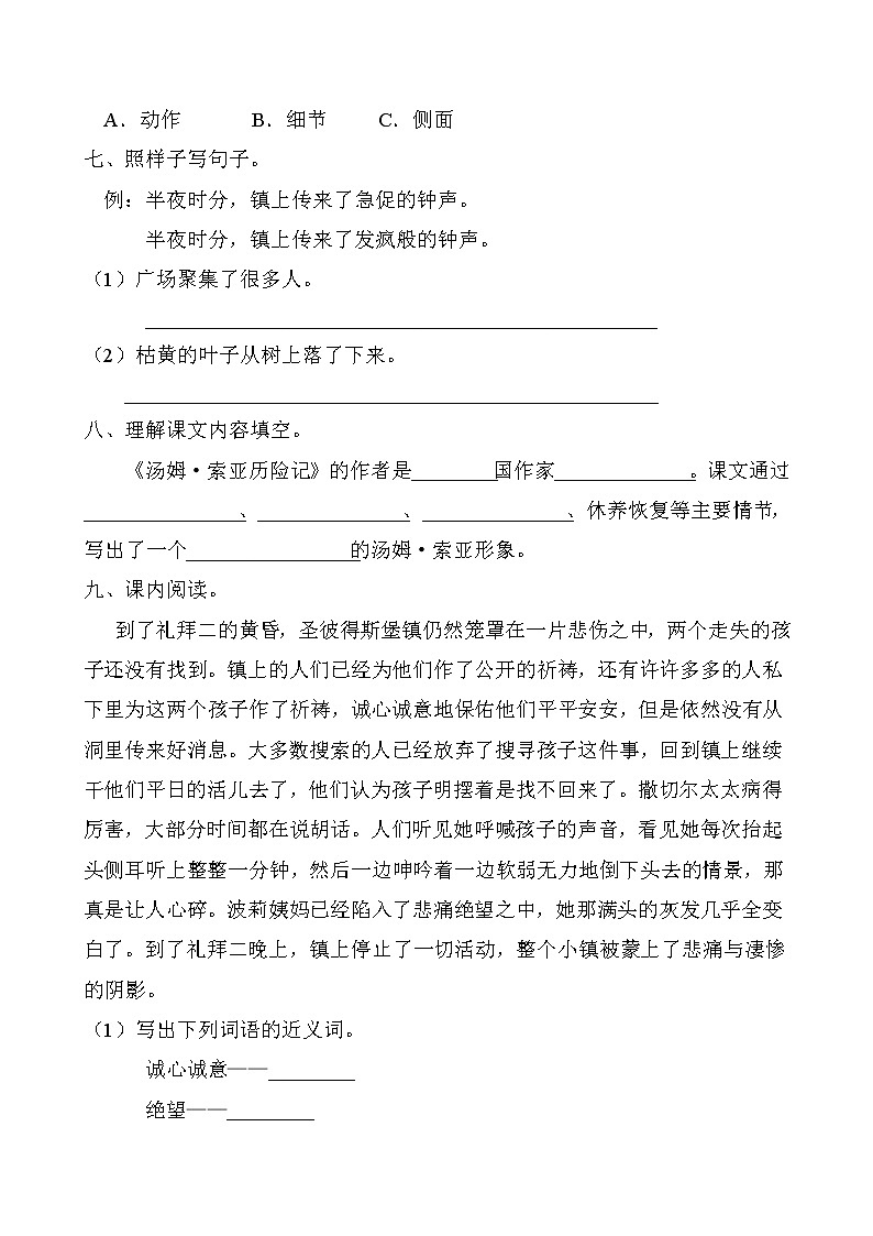 部编版六年级语文下册同步练习7.汤姆索亚历险记（提升卷有答案）第2页