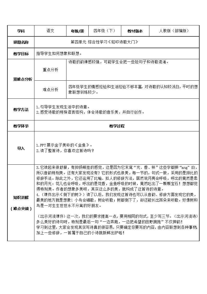四年级语文下册教案-综合性学习：轻叩诗歌大门2-部编版学案01