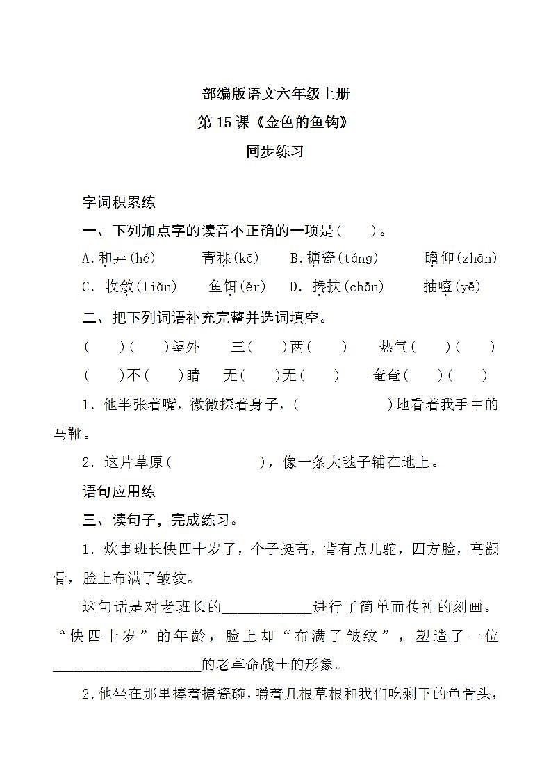 15《金色的鱼钩》同步练习第1页