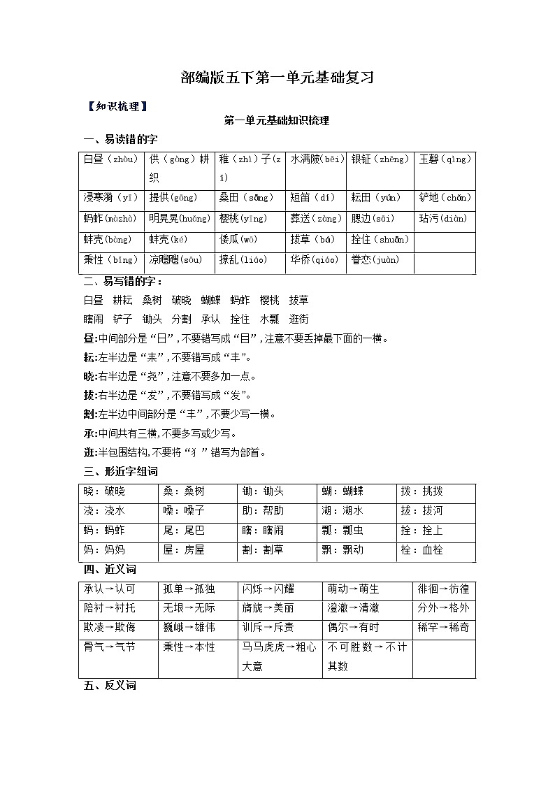 【期中单元复习】第1单元基础复习（知识梳理+检测）五年级语文下册  部编版第1页
