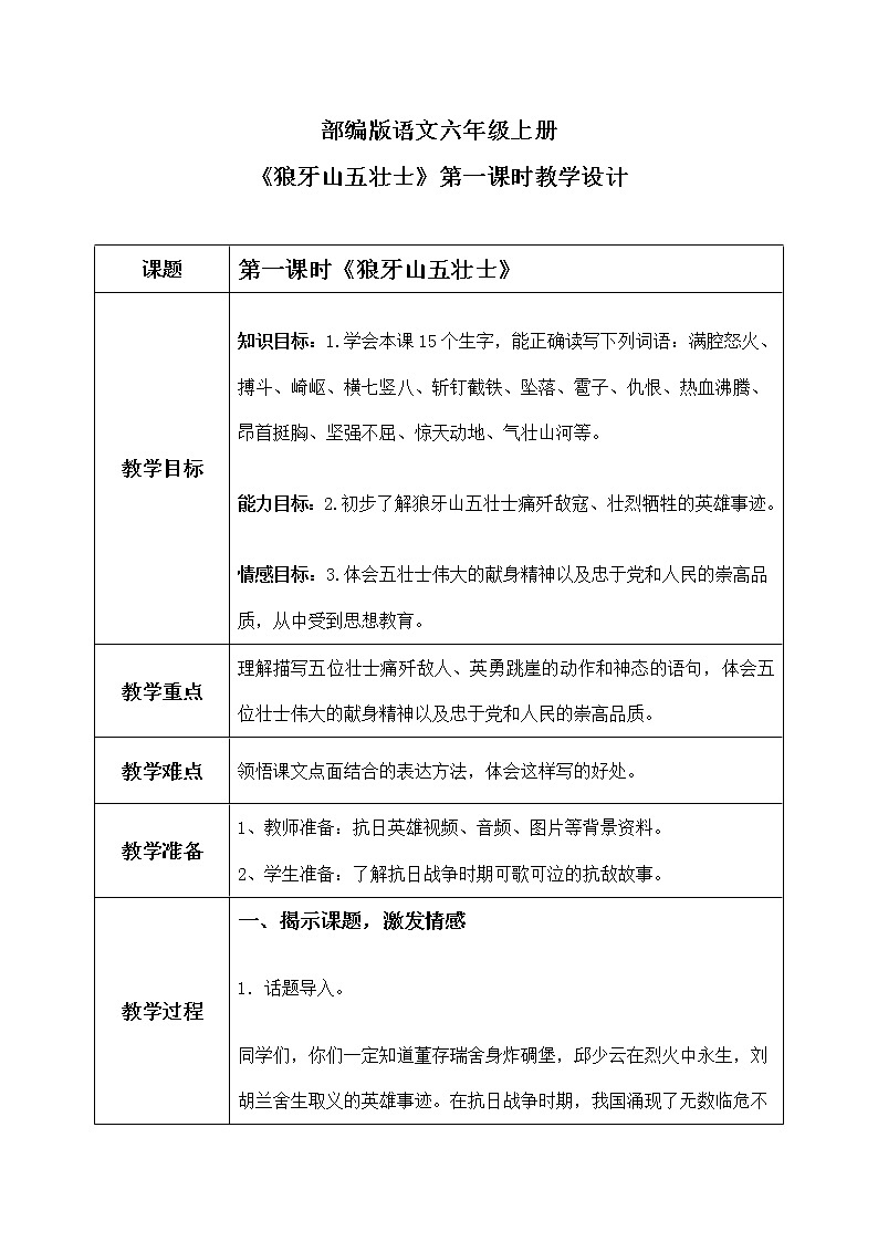 六年级上册《狼牙山五壮士》第一课时课件PPT+教案+练习（含音视频素材）01