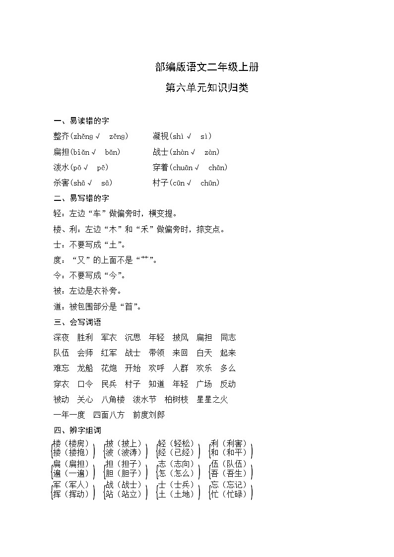 部编版语文二年级上册  第六单元知识归类第1页