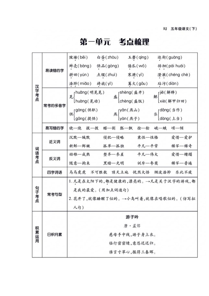 人教部编版五年级下册语文期中复习01