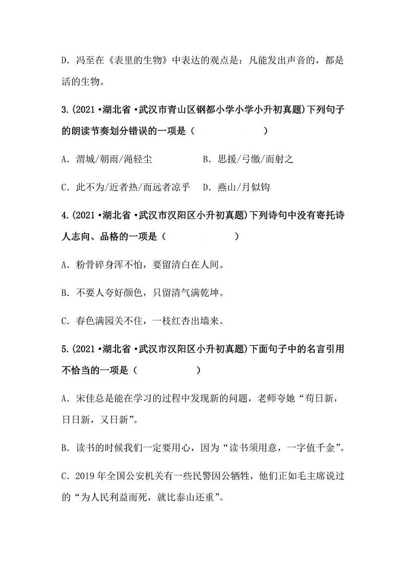 2019-2021年湖北省小升初语文真题汇编 专题 07选择题（学生版+解析版）第2页