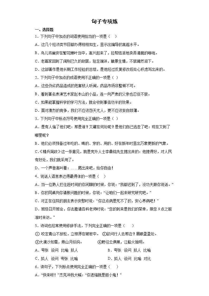 小升初专题复习+句子专项练（试题）-2021-2022学年语文六年级下册第1页