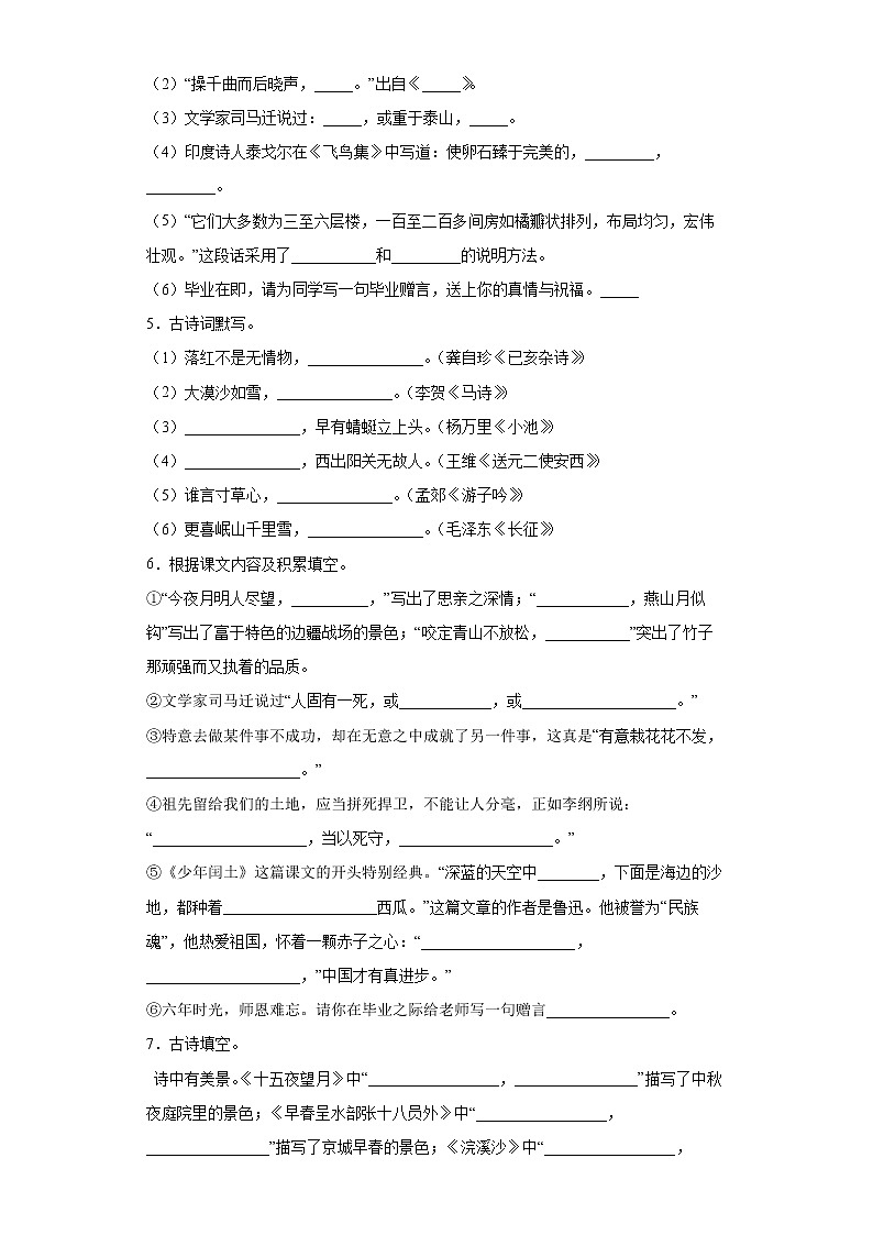 小升初专题复习+古诗词（名句）积累与运用专项练（试题）-2021-2022学年语文六年级下册第2页