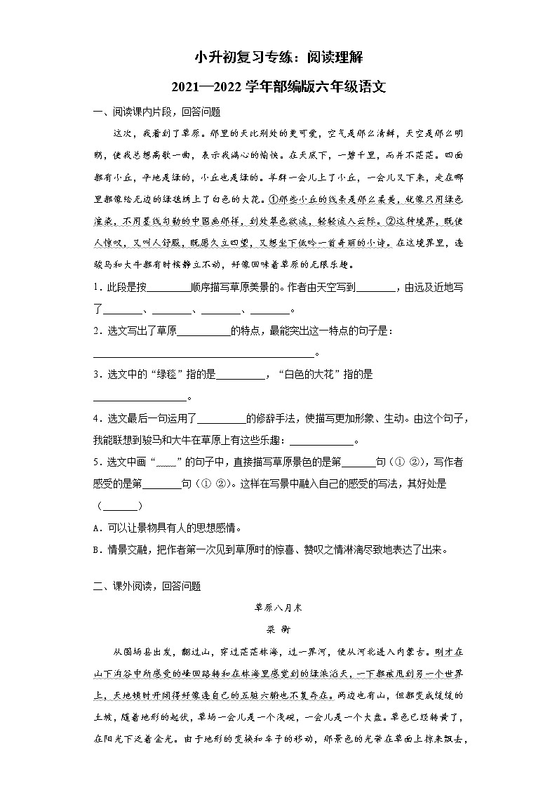 小升初复习专练：阅读理解（试题）2022年语文六年级下册第1页