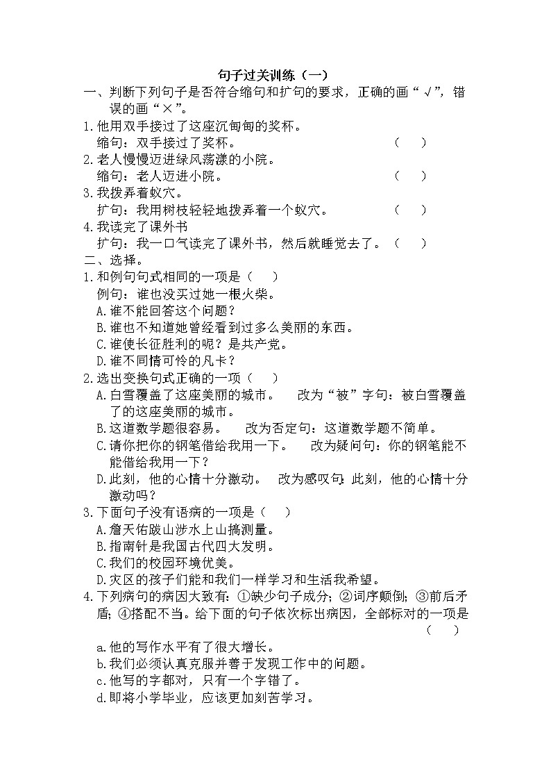 小升初复习《句子专练》（试题）-2021-2022学年语文六年级下册第1页