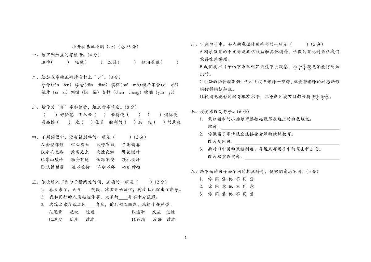 小升初基础小测（七）第1页