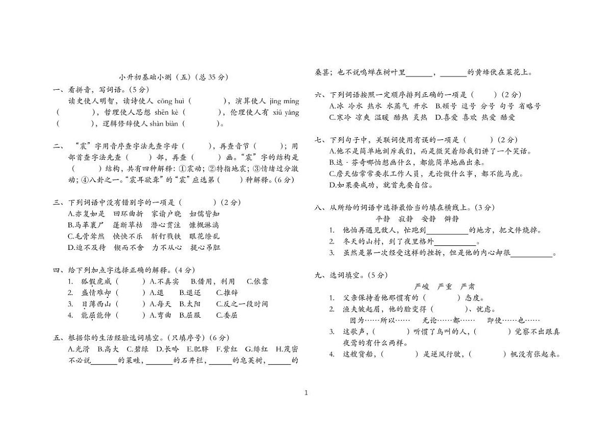 小升初基础小测（五）第1页