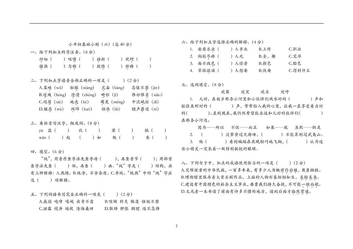 小升初基础小测（六）第1页