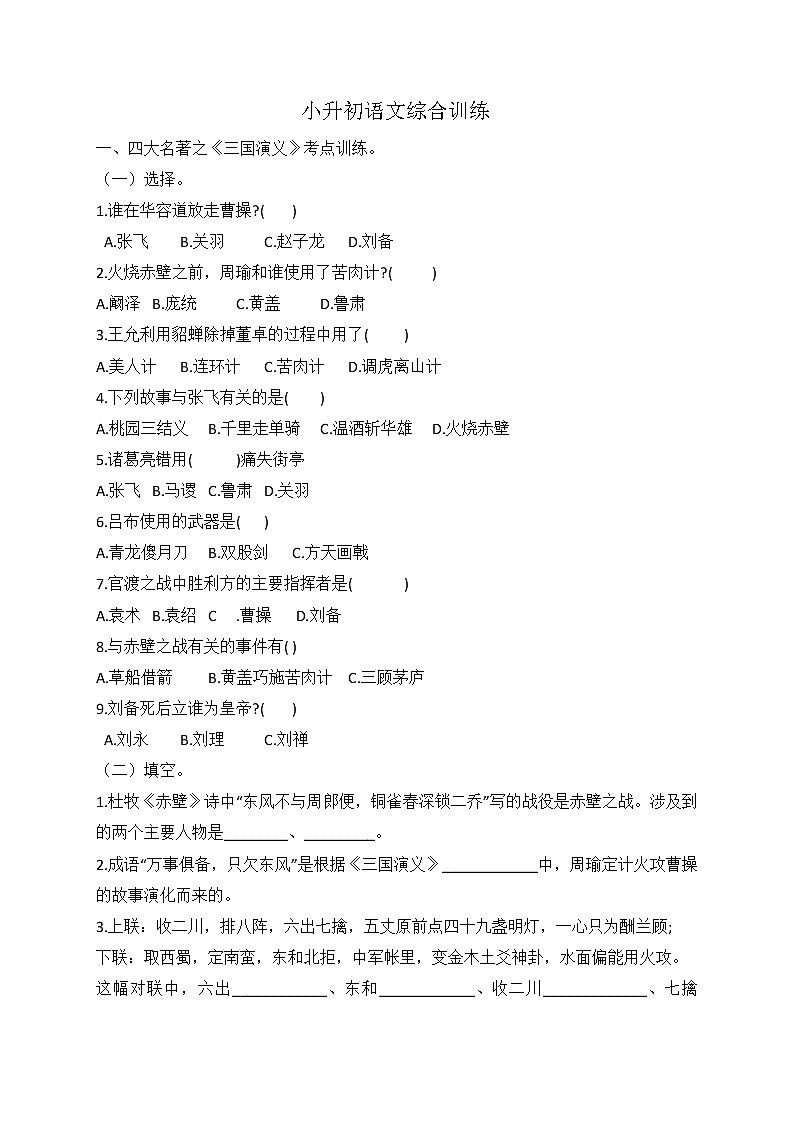 小升初语文综合训练2+试题-2022年语文六年级下册-人教部编版（无答案） (1)第1页