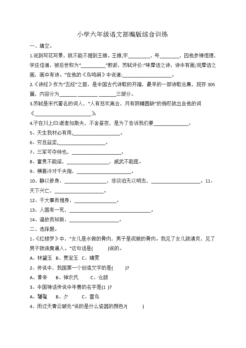小升初语文综合训练6+试题-2022年语文六年级下册-人教部编版（无答案） (5)第1页