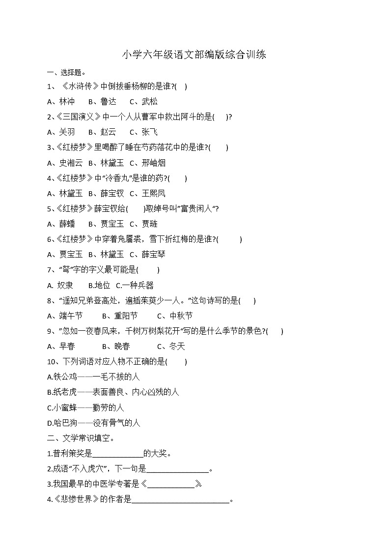 小升初语文综合训练5+试题-2020-2021学年语文六年级下册-人教部编版（无答案） (4)第1页