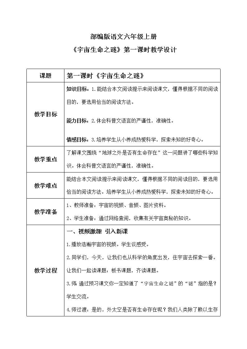 六年级上册《宇宙生命之谜》课件PPT+教案+练习（含音视频素材）01