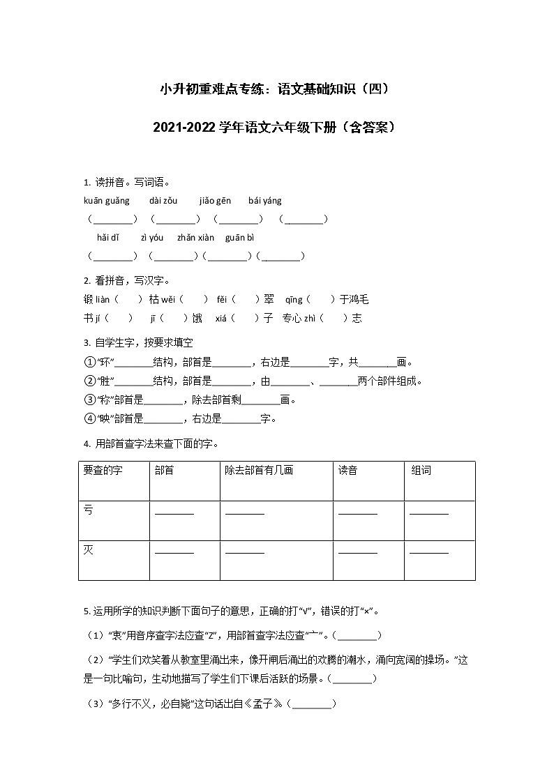 小升初重难点专练：语文基础知识（四）（试题）-2021-2022学年语文六年级下册（含答案）第1页