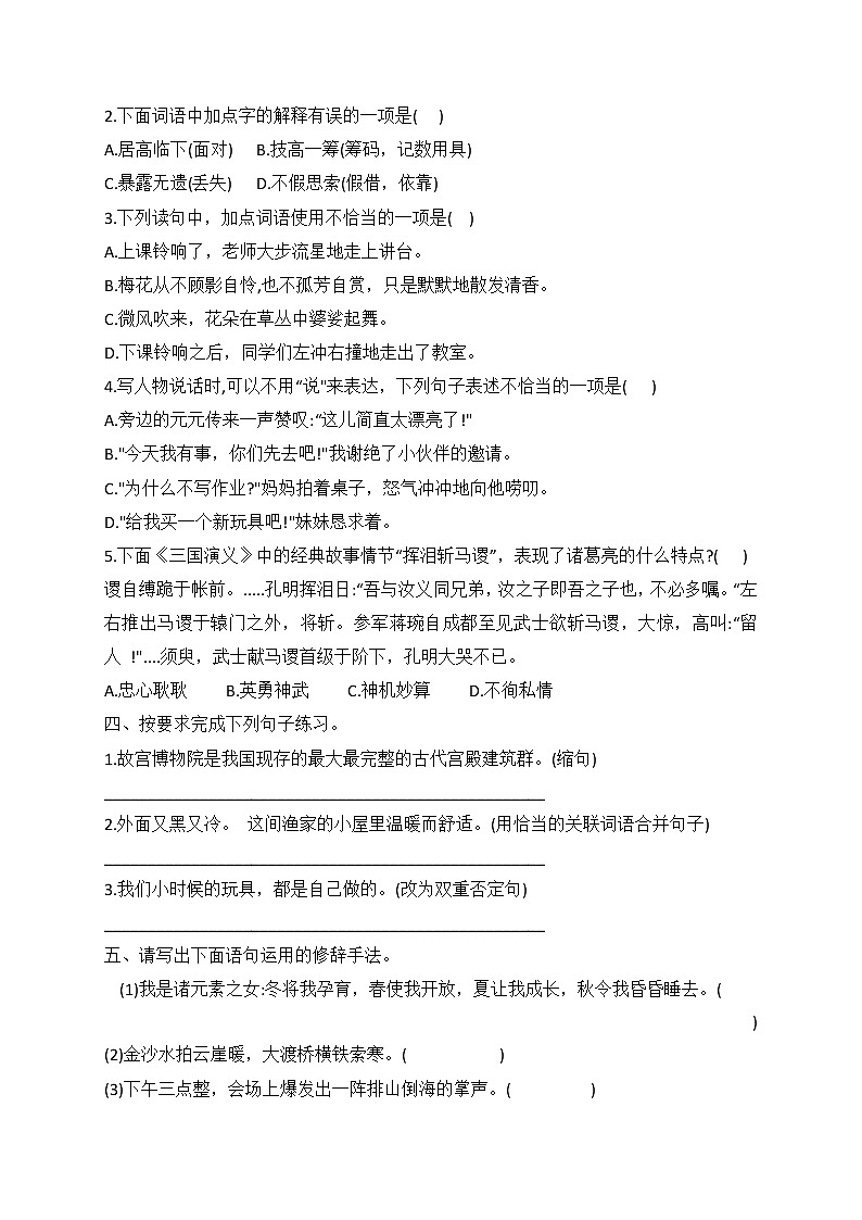 小升初语文综合训练19+试题-2021-2022学年语文六年级下册-人教部编版（无答案）第2页