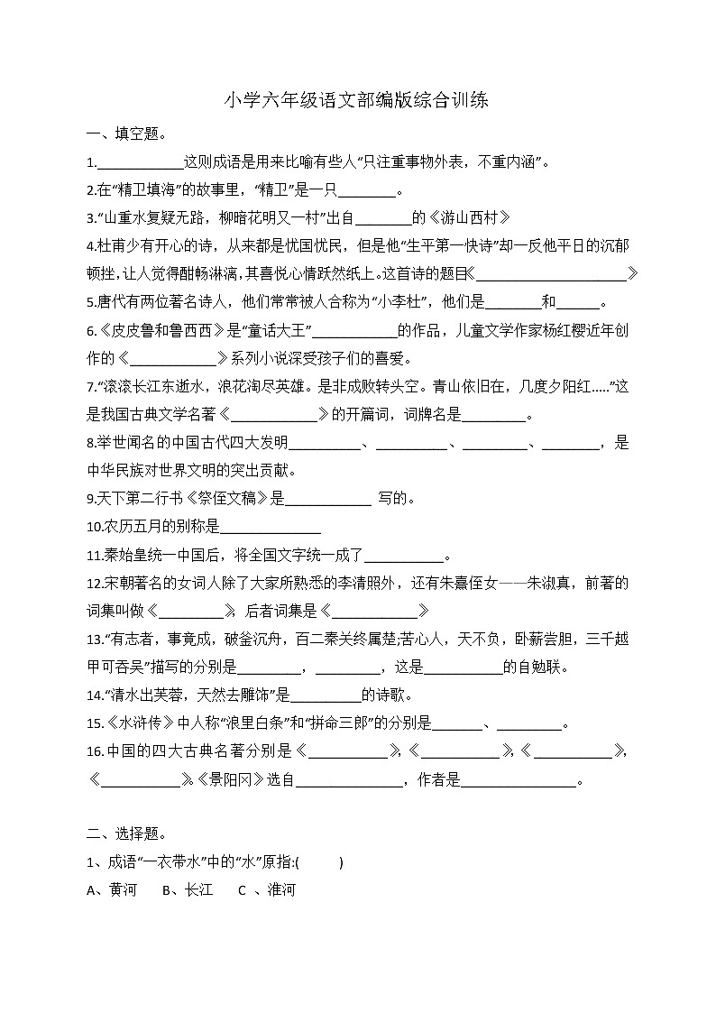 小升初语文综合训练11试题-2022年语文六年级下册-人教部编版（无答案）第1页