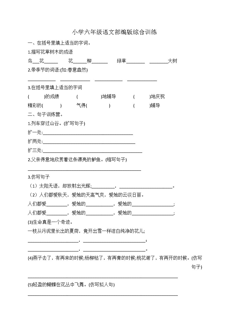 小升初语文综合训练12+试题-2022年语文六年级下册-人教部编版（无答案） (2)第1页