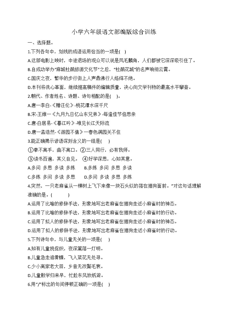 小升初语文综合训练12+试题-2022年语文六年级下册-人教部编版（无答案）第1页