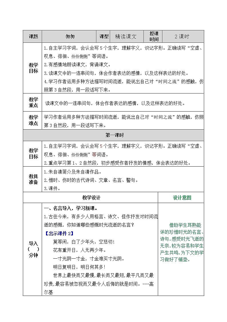 小学语文人教部编版 六年级下册 第三单元匆匆教案第1页