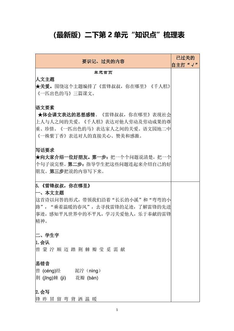 部编版小学语文二年级·下册  课文2 知识点+测试卷（含答案）01