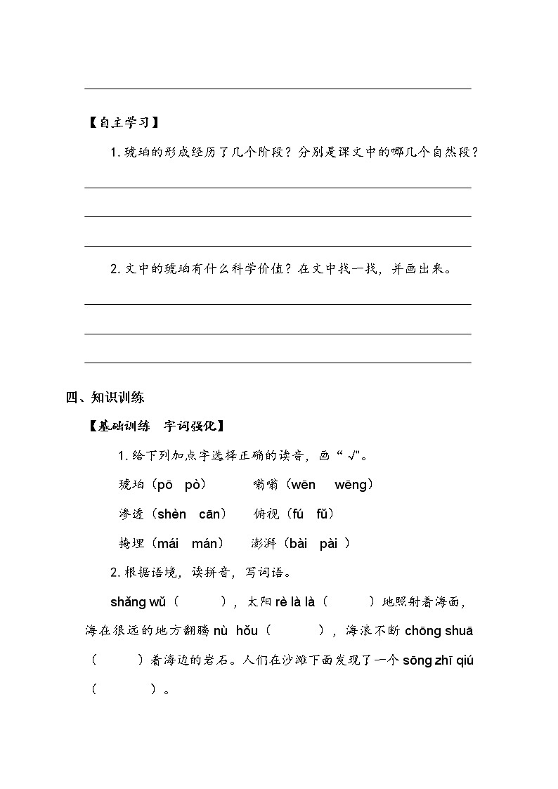人教部编版   四年级下册   第二单元   《琥珀》第二课时 学案教案第2页