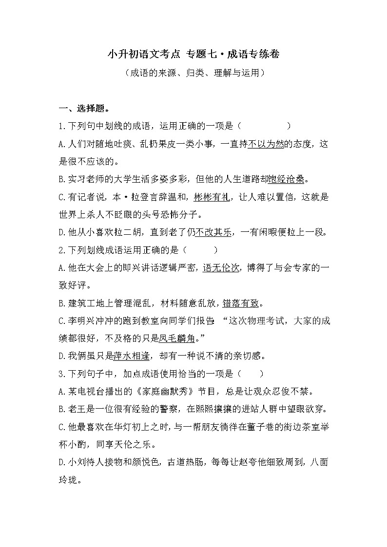 小升初语文考点++专题七+成语专练卷（试题）-2021-2022学年语文六年级下册第1页