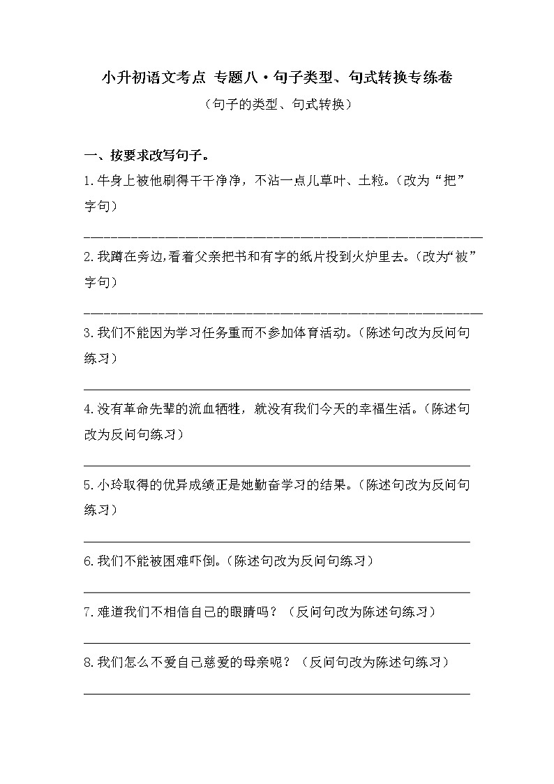 小升初语文考点++专题八+·句子类型、句式转换（试题）-2021-2022学年语文六年级下册第1页